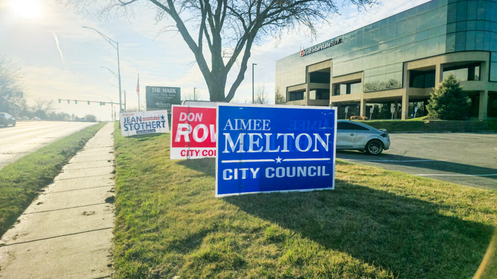 Election signs line the grass along a sidewalk