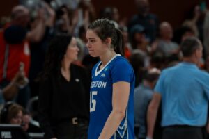 Senior Lauren Jensen gets emotional walking off the court after the Bluejays fall to Illinois in the Round of 64.