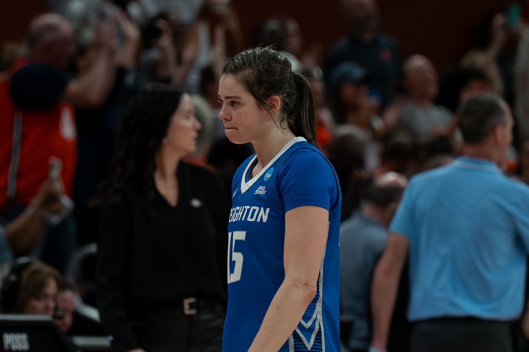 Senior Lauren Jensen gets emotional walking off the court after the Bluejays fall to Illinois in the Round of 64.