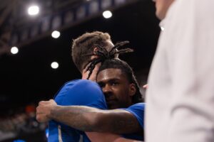Seniors Jamiya Neal and Ryan Kalkbrenner hug after the heartbreaking loss the team took in the Round of 32 in the NCAA Tournament.
