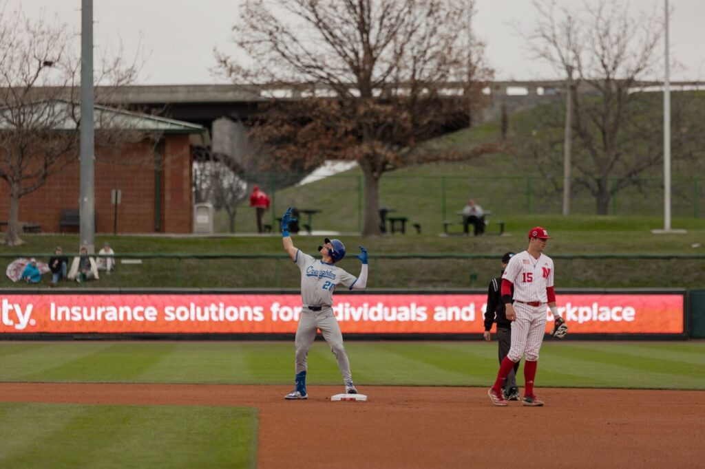 Junior Tate Gillen celebrates getting on base against in-state rival Nebraska.