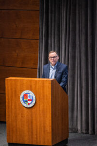 Michael Kavan, Ph.D., speaks in the Harper Center during the 2025 Global Health Conference.