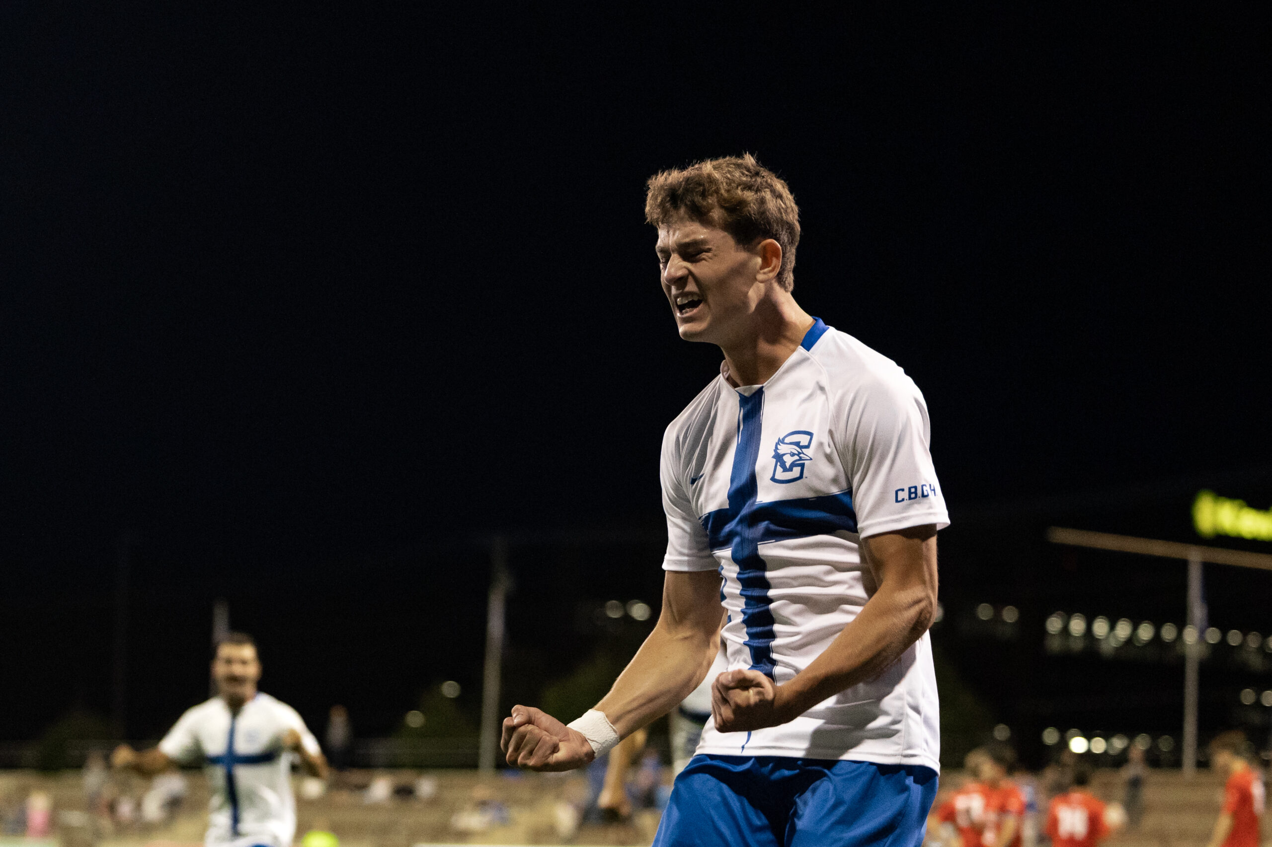 Junior captain Matthew Reed lets out a yell after scoring his first collegiate goal to give the Jays a 1-0 lead over Denver.